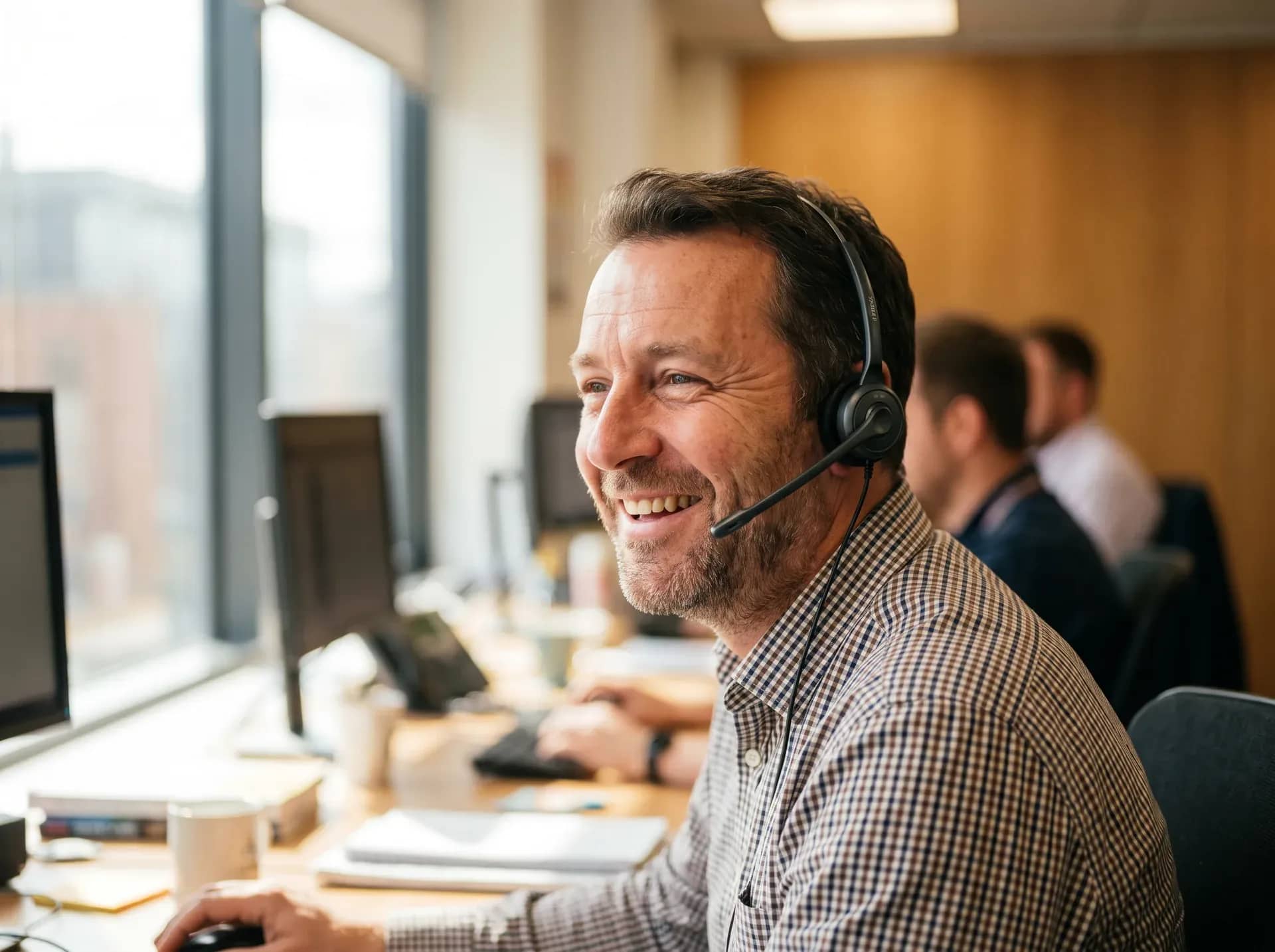 A man in a checked shirt wearing a telephone headset at his desk, smiling as he listens to a caller, with daylight from the window beside him.