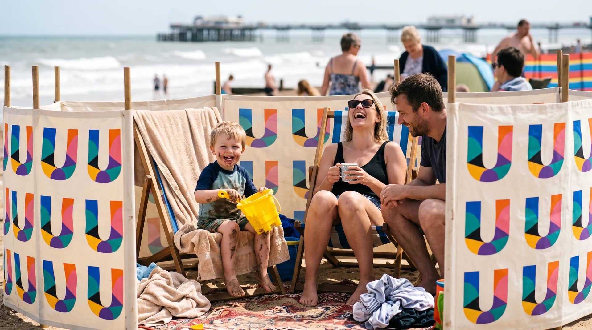 A family sitting on a sandy British beach behind a canvas windbreak printed with the repeated geometric UK Debt Centre 'U' mark, a young boy with a bucket, everyone laughing.
