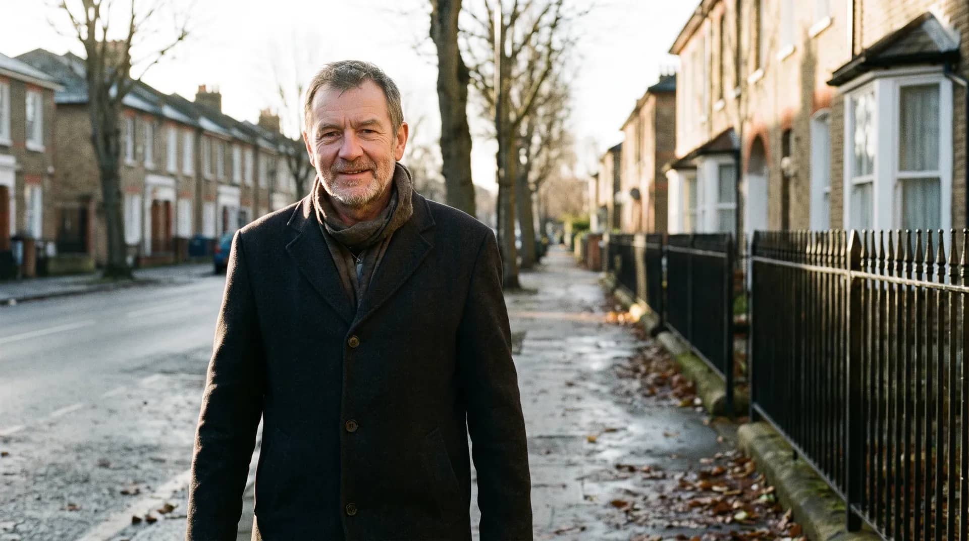 A man in his fifties in a dark overcoat walking along a terraced street on a bright winter morning, looking ahead with quiet resolve.