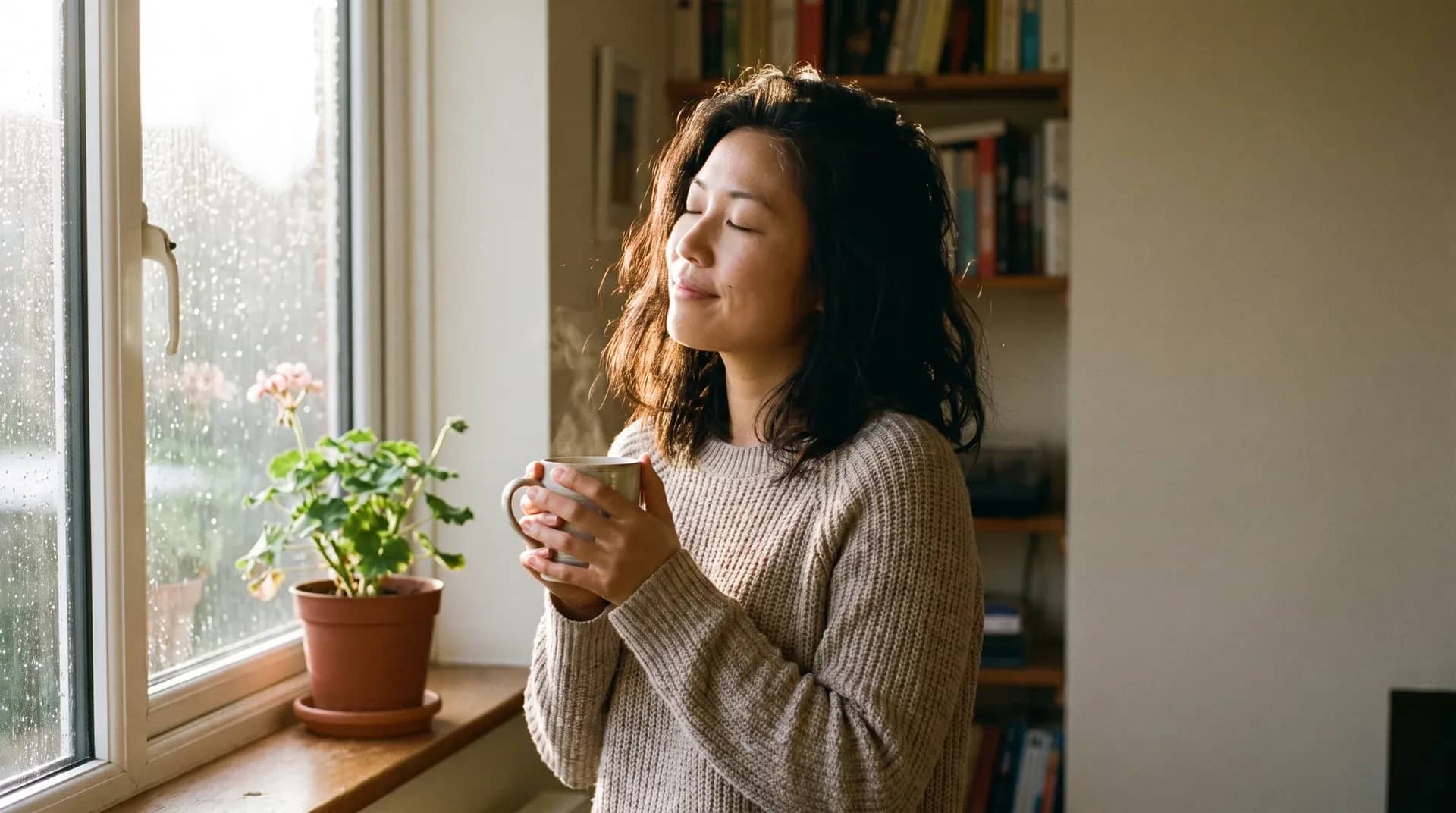 A woman in her thirties standing at a rainy window with a mug of tea held in both hands, eyes closed, taking a quiet relieved breath in the morning light.