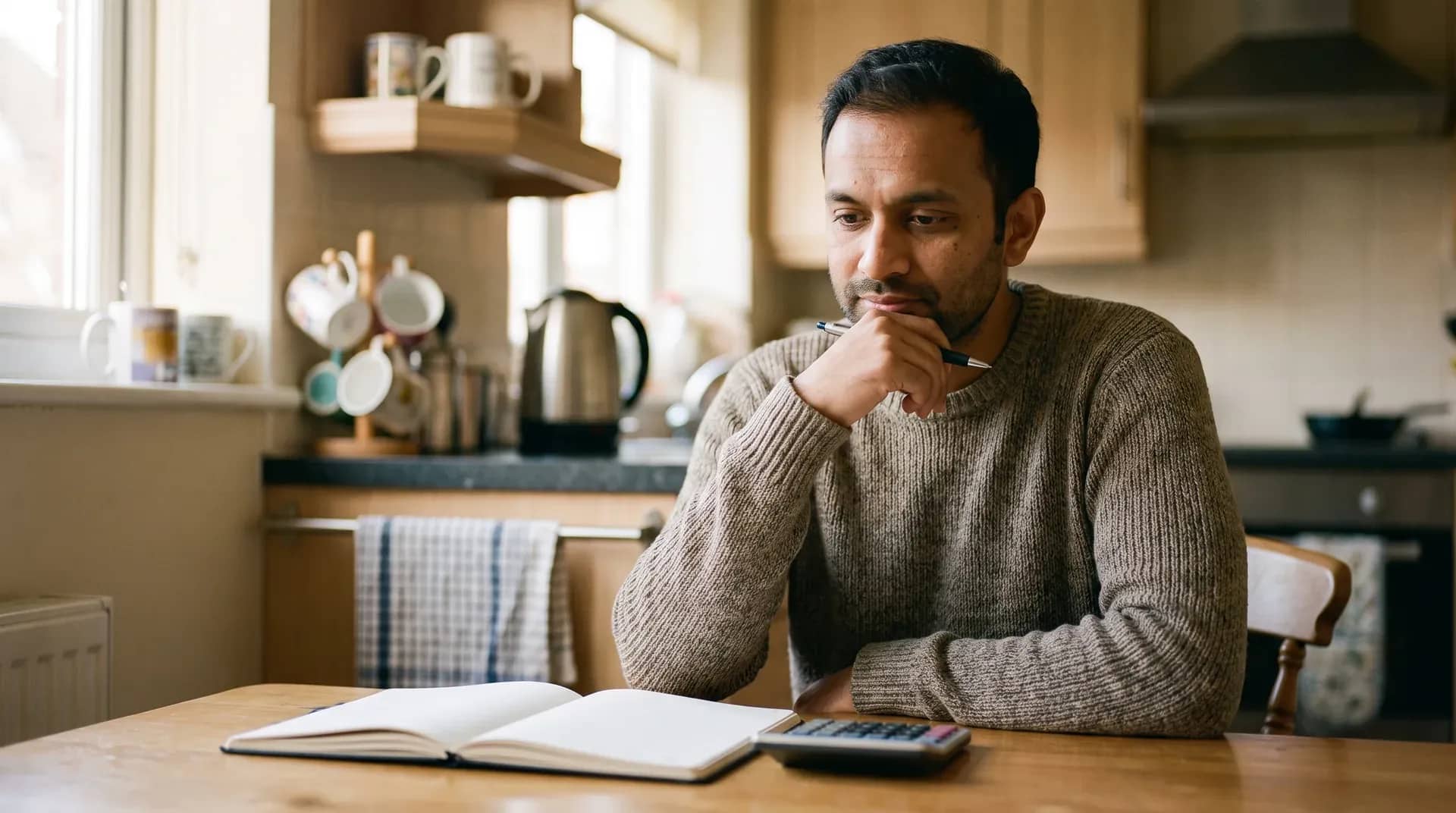 A man in his thirties at his kitchen table with an open notebook and a calculator, working out a budget with a pen in his hand and the kettle behind him.
