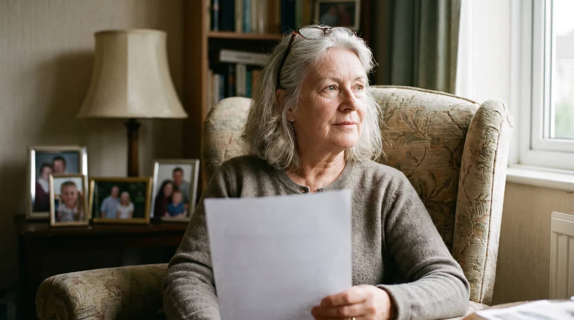 A woman in her sixties sitting in her armchair at home holding a letter, looking calmly out of the window, family photographs on the table beside her.